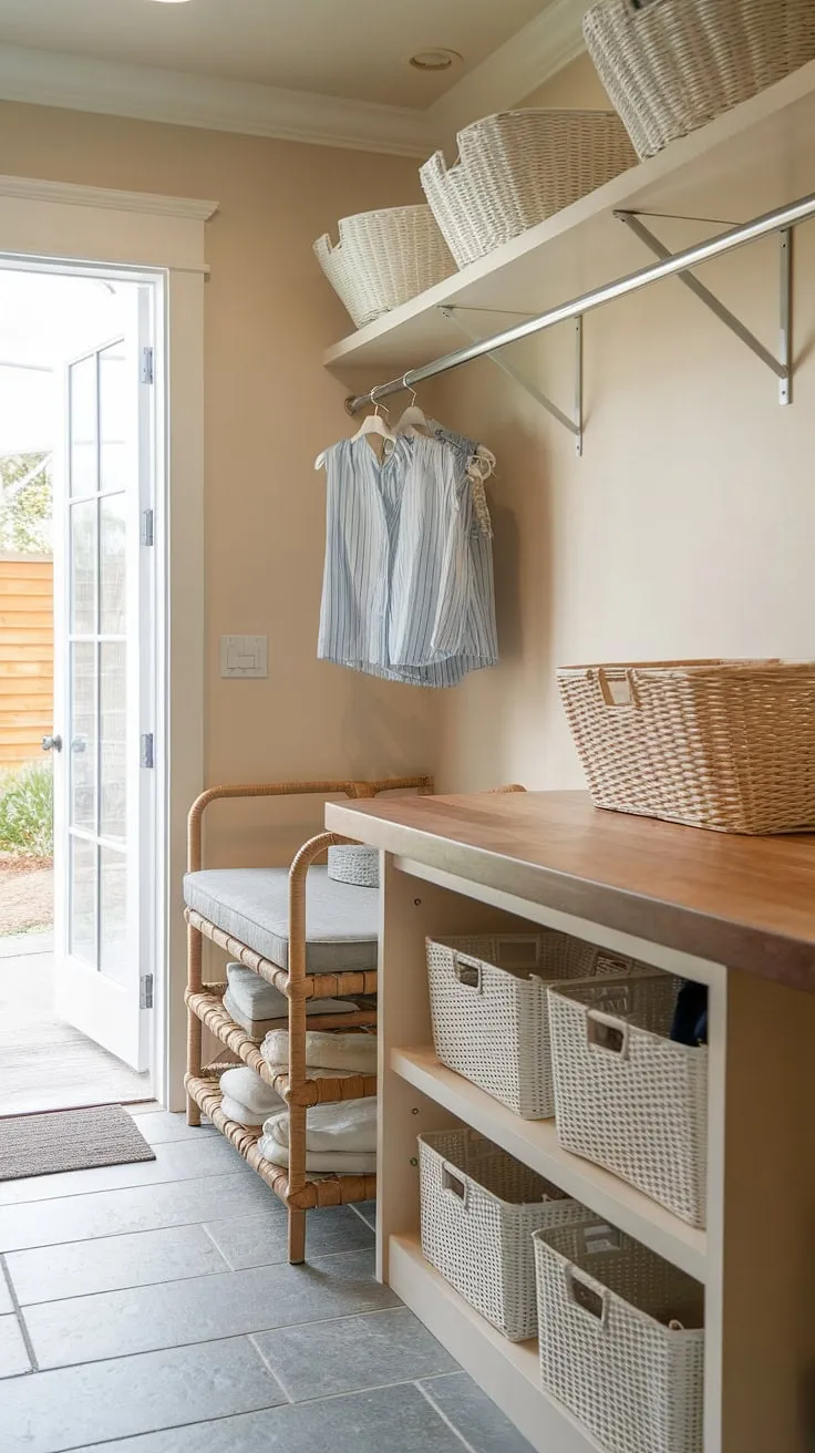 This laundry room's thoughtfully designed laundry workspace, complete with a rustic wood laundry room countertop and a comfortable laundry room bench, transforms a chore into a calming experience.  The laundry folding station and ample laundry room surface provide efficient organization, while the laundry area countertop offers extra space for sorting and folding.  The addition of a laundry room table/island element completes this functional and stylish laundry room.