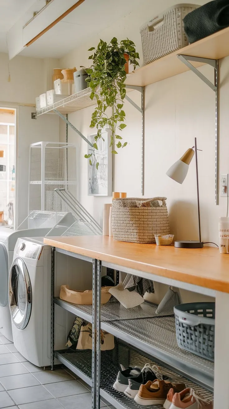 More than just a place to do laundry, this space features a charming laundry countertop, offering a dedicated laundry room surface for folding and organizing.  The addition of a metal laundry room bench and a well-placed drying rack completes this practical yet stylish laundry room table, creating a welcoming laundry room worktop and a functional laundry room island.