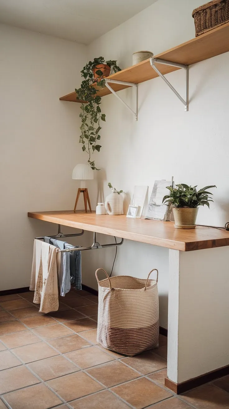 More than just a laundry room surface, this beautiful wooden laundry countertop creates a dedicated laundry room worktop.  It's the perfect laundry room table, offering ample space for folding and organizing, while the added plant and lamp make this laundry room bench a welcoming laundry room island.  A thoughtfully designed laundry room.