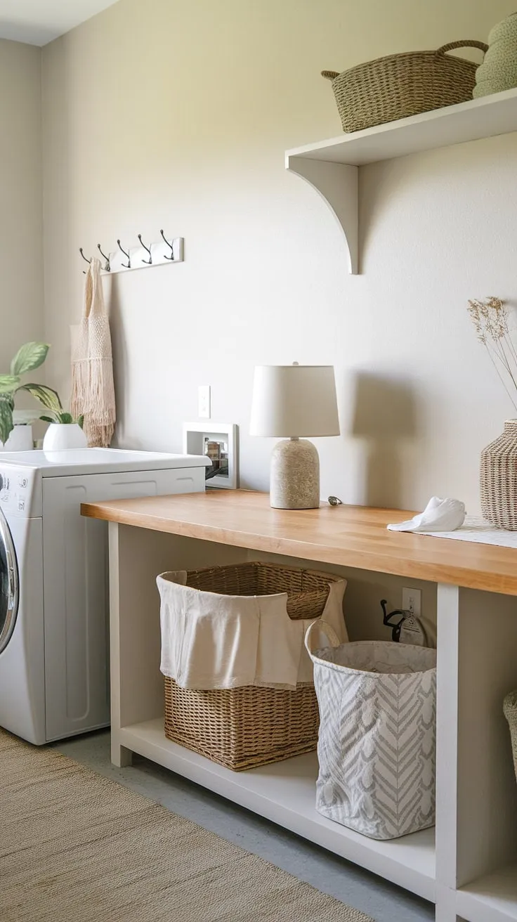 More than just a place to do laundry, this room showcases a beautiful laundry room worktop as the heart of a functional and aesthetically pleasing laundry area. The integrated laundry countertop and laundry room table provide generous laundry room surface space, while the dedicated laundry folding station with its built-in laundry room bench ensures a smooth and organized workflow.  The entire space feels inviting and efficient, thanks to the clever use of the laundry room island concept.