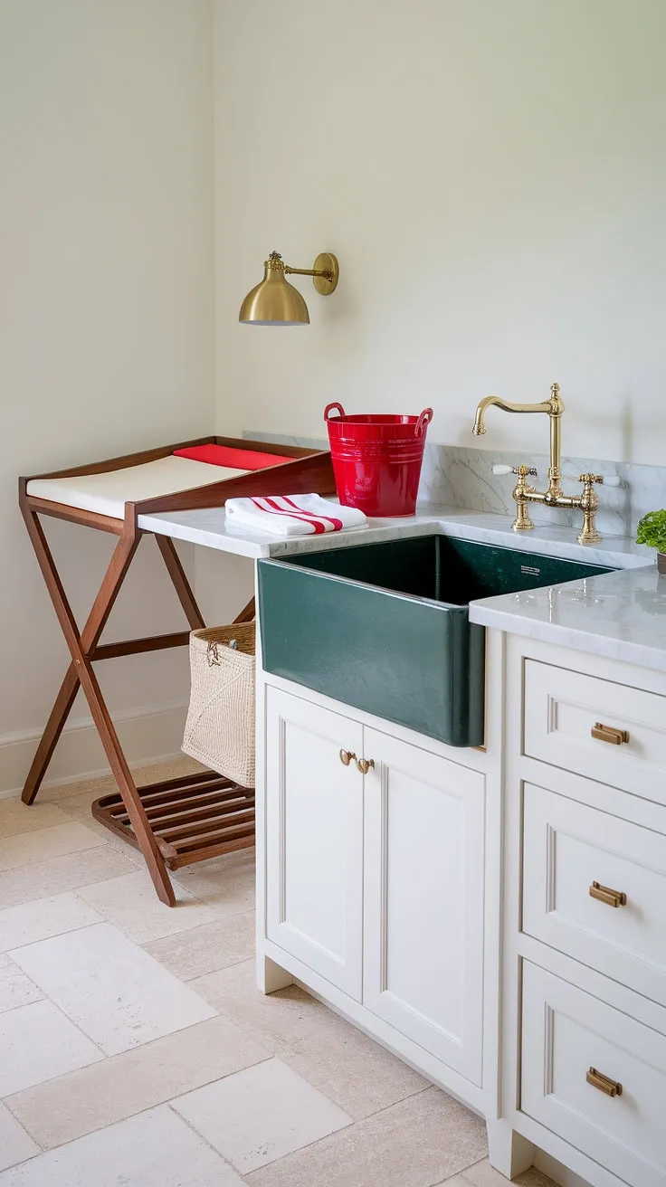 This laundry room's elegant marble laundry room countertop, complete with a dark green sink and gold faucet, elevates the mundane.  The adjoining laundry folding station and cushioned laundry room bench provide a comfortable laundry workspace, transforming this laundry area countertop into a stylish and functional laundry room island.