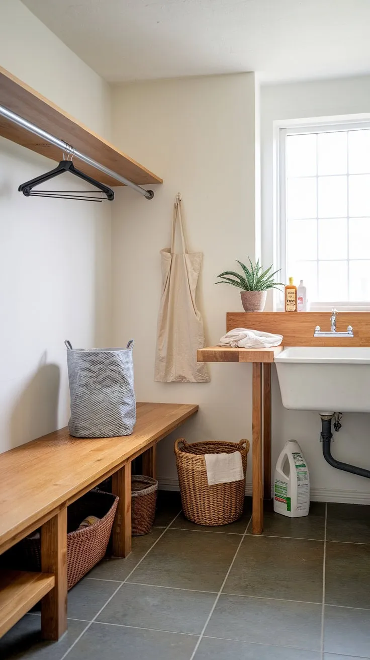 The heart of this home's laundry routine: a charming laundry room island featuring a rustic wooden laundry countertop. This laundry room table provides a dedicated laundry room surface for folding, sorting, and prepping clothes.  The nearby laundry room bench and ample storage complete this efficient and inviting laundry room.