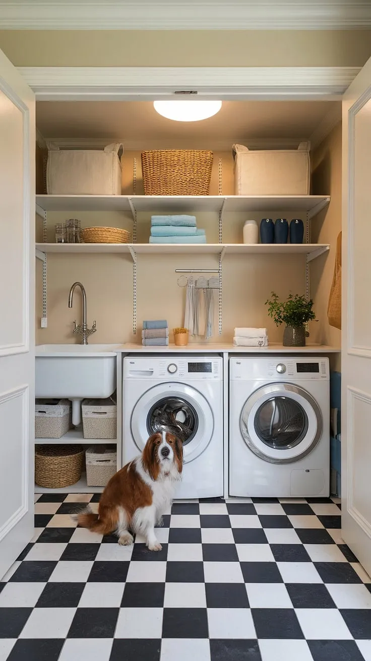 A mudroom laundry room combination? Yes, please! This laundry room renovation is a testament to clever laundry room designs.  The dog-friendly space boasts a stylish black and white checkered floor, plenty of storage, and a modern aesthetic.  This is proof that even a laundry room can be a beautiful and functional addition to your home, showcasing the best in modern laundry rooms.