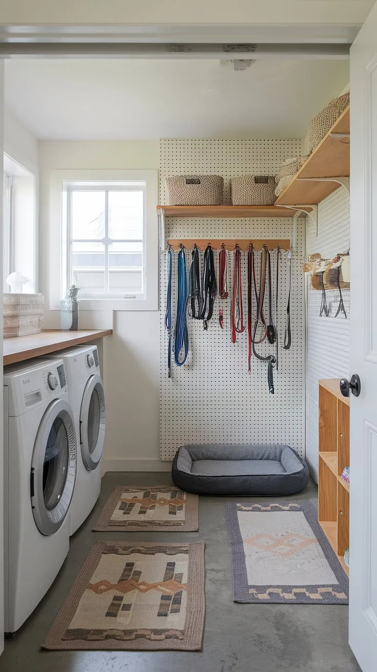 Transforming a mundane space into a stylish and practical dog laundry room space. This laundry room design incorporates thoughtful details like a dog bed and treat storage, proving that even laundry room layouts can be both functional and pet-friendly.  A stunning example of modern laundry rooms and a successful laundry room renovation.