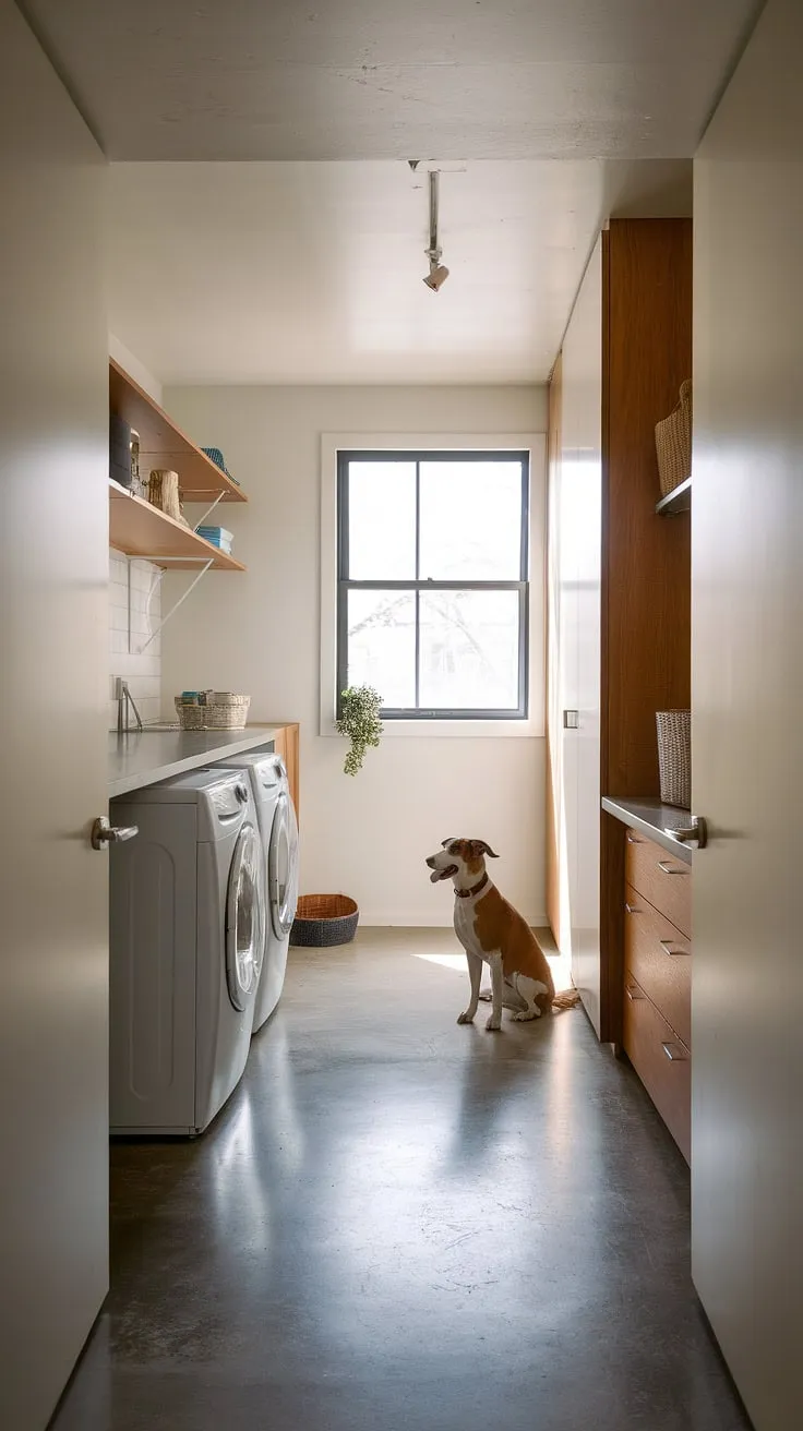 Clean lines and a calming palette define this stunning laundry room.  The thoughtful laundry room layouts and clever use of space make this dog laundry room a dream.  Inspiration for your next laundry room renovation? Look no further.