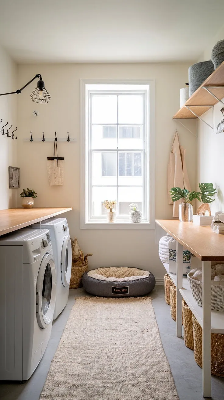 Sunlight streams into this serene dog laundry room space, showcasing the perfect blend of functionality and style in our latest laundry room renovation.  Clever laundry room layouts maximize space, while modern laundry rooms aesthetics create a calming atmosphere.  This mudroom laundry room design proves that even utility spaces can be stunning.