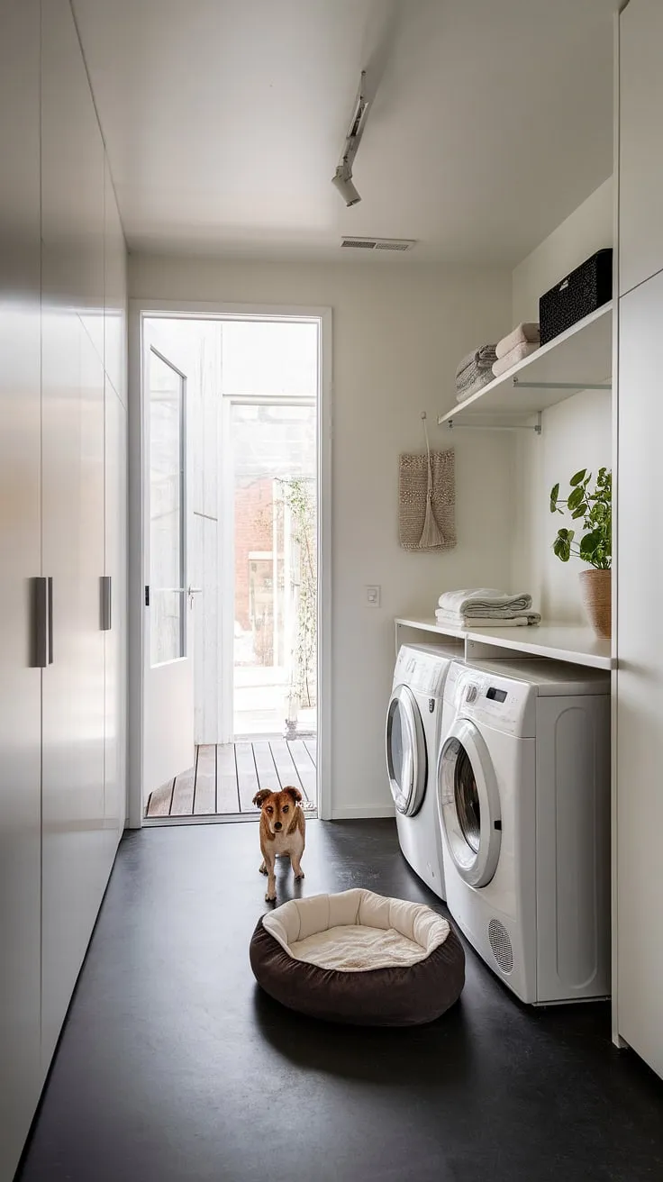 This modern laundry room design seamlessly blends functionality with comfort, creating a welcoming space for both humans and their furry friends.  Clever laundry room layouts maximize storage, while the dog bed adds a touch of homey charm.  A perfect example of a successful laundry room renovation, showcasing the best in modern laundry rooms and mudroom laundry room combinations.