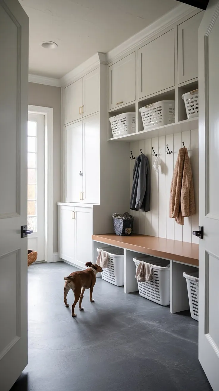 Our dog approves of this laundry room design!  This mudroom laundry room space is the perfect example of how thoughtful laundry room layouts can transform a utilitarian area into a stylish and functional part of the home.  A successful laundry room renovation, indeed.
