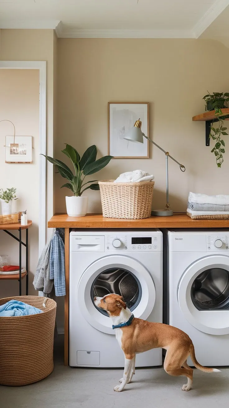 This modern laundry room design seamlessly blends functionality with style.  The thoughtful layout maximizes space, creating a calm and efficient mudroom laundry room combo.  Even the dog approves of this laundry room renovation!