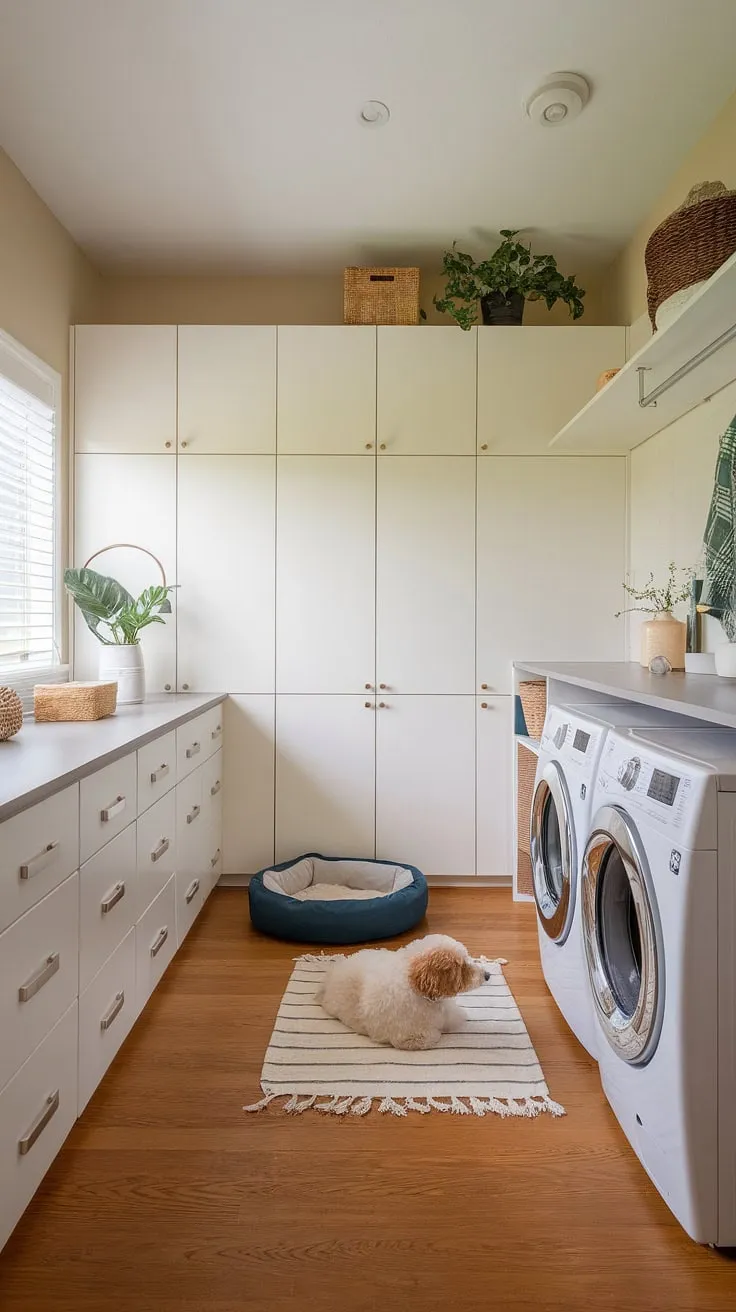 Laundry room layouts don't have to be boring! This dog laundry room space proves that even a utilitarian area can be stylish and functional.  The white cabinetry and light walls create an airy feel, while the thoughtful placement of the dog bed adds a personal touch.  Inspiration for your next laundry room renovation, showcasing innovative laundry room designs.