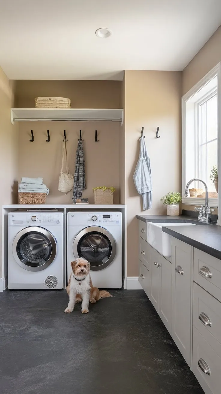 A dream come true! This laundry room renovation transformed a cramped space into a stylish and efficient mudroom laundry room.  Modern laundry rooms don't get much better than this – note the thoughtful laundry room designs and practical layout.  The perfect spot for both laundry and furry friends.