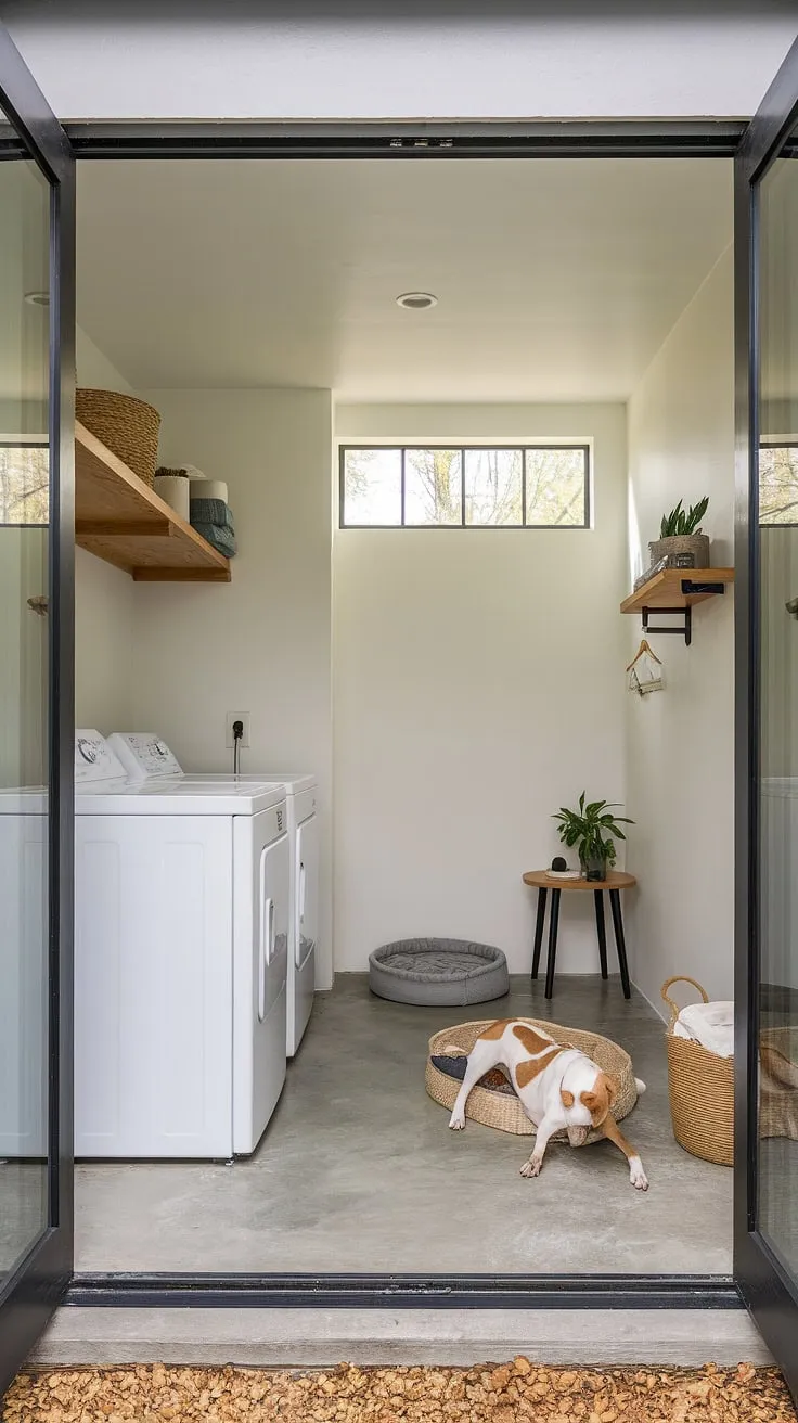 Laundry room layouts don't have to be boring! This dog laundry room space showcases innovative laundry room designs, proving that even a laundry room renovation can result in a stunning modern laundry rooms.  The combination of clean lines, natural wood, and a cozy dog bed creates a surprisingly inviting atmosphere.