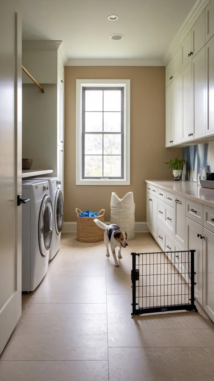 This modern laundry room design seamlessly blends functionality with style, creating a dedicated space for both laundry and our furry friend.  The clever layout, incorporating a pet gate and designated dog item storage, exemplifies smart mudroom laundry room solutions.  A laundry room renovation doesn't have to be complicated; even small changes can make a big difference.