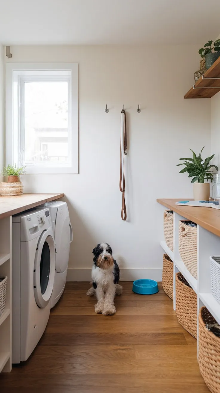 Laundry room renovation goals! This stunning space proves that even a dog laundry room can be chic and organized.  The thoughtful laundry room designs incorporate practical elements like a dog water bowl and leash hook, while maintaining a bright and airy feel.  Modern laundry rooms don't get much better than this.