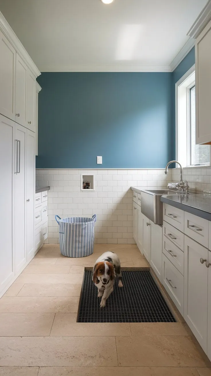 Smart laundry room designs meet pet-friendly practicality in this stunning space.  The integrated dog laundry room area, defined by a stylish grate and a pop of blue paint, is a testament to thoughtful laundry room layouts and a successful laundry room renovation.  Modern laundry rooms don't get much better than this.
