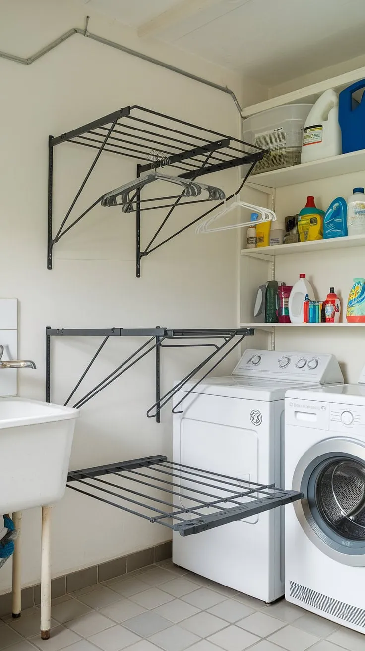 Maximize your laundry room space with this sleek, wall-mounted drying rack.  This space-saving drying rack, also a portable and foldable option, provides ample room for drying clothes, offering a convenient laundry room drying solution.  It's the perfect clothes drying rack or laundry drying rack for any home, transforming your laundry room into an organized and efficient space.