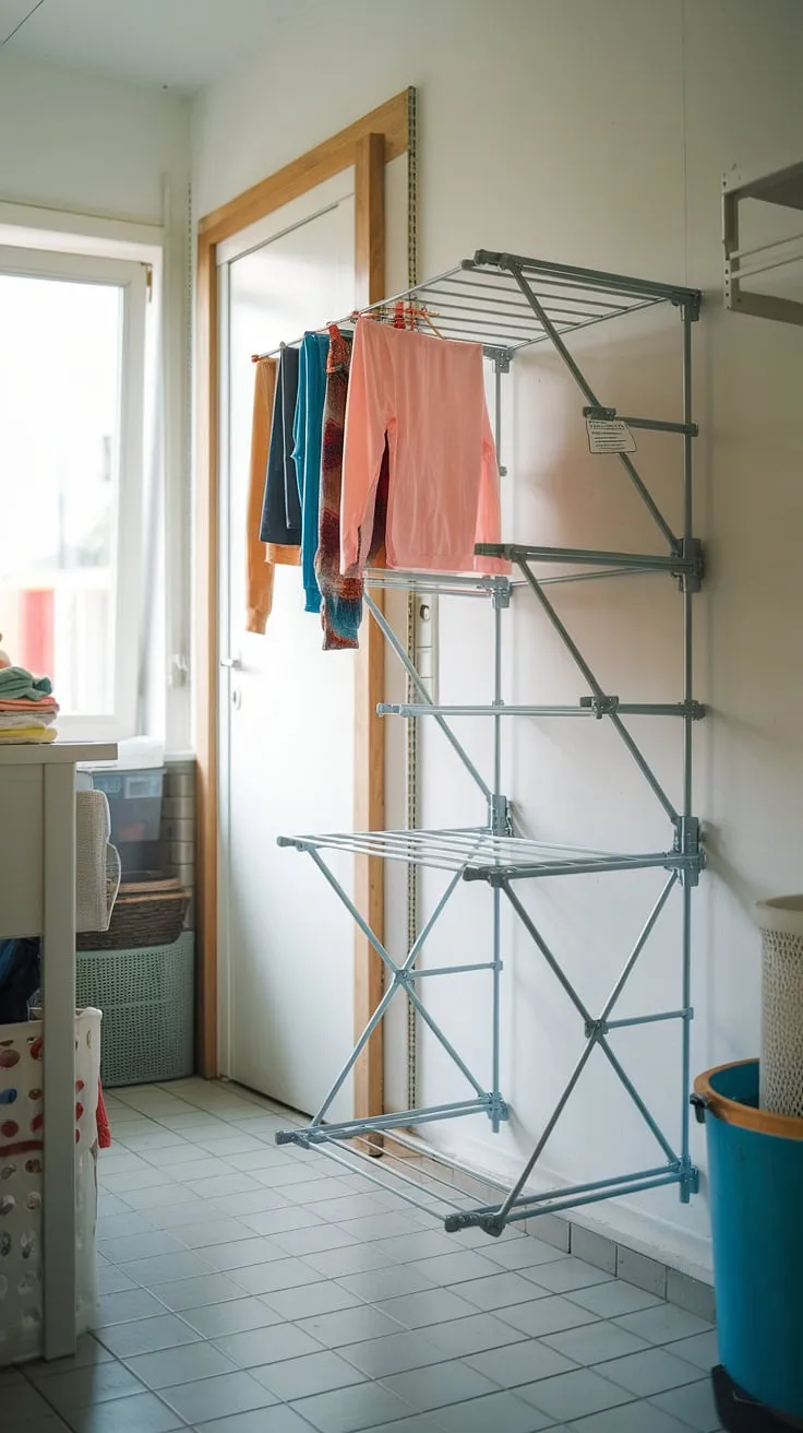 Maximize your laundry room space with this ingenious foldable drying rack.  This wall-mounted, space-saving drying rack is the perfect laundry room drying solution, offering ample space for drying clothes of all colors.  A truly portable drying rack that's both convenient and efficient.  This clothes drying rack, or laundry drying rack, is a must-have for any home.