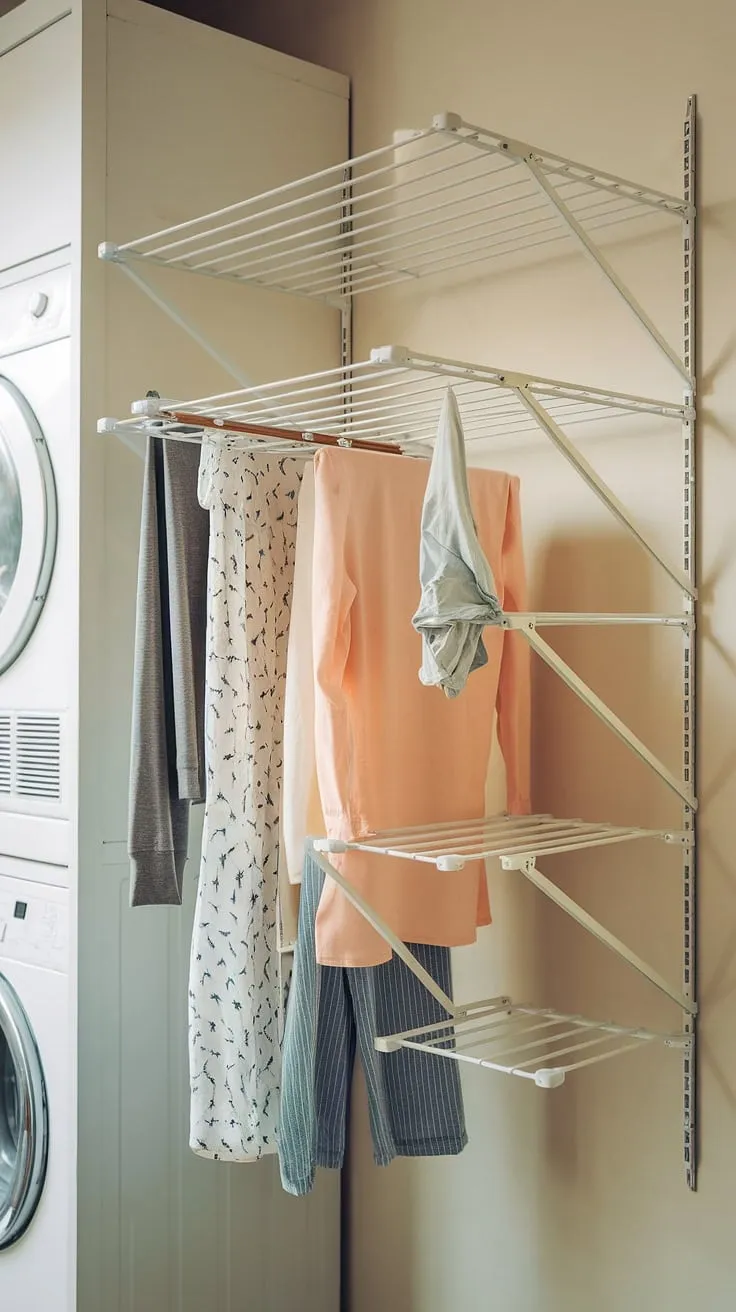 Maximize your laundry room space with this sleek, white foldable drying rack.  This wall-mounted, space-saving drying rack is the perfect laundry room drying solution, offering multiple levels for efficient drying of clothes.  A portable drying rack that's also a clothes drying rack and laundry drying rack, making laundry day a breeze.