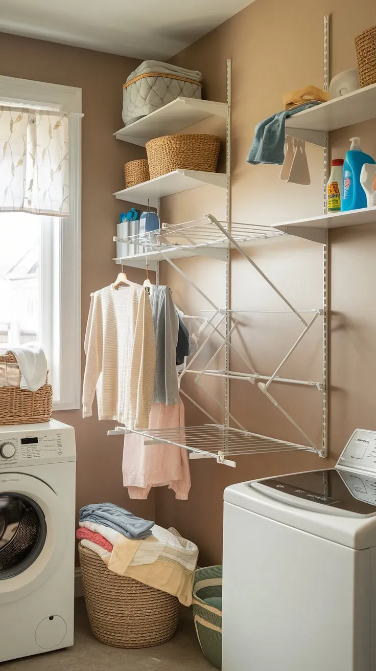 Say goodbye to laundry day chaos! This wall-mounted drying rack for laundry provides a practical and efficient laundry room drying solution.  As a space-saving drying rack and portable drying rack, it's the perfect addition to any laundry room, transforming your clothes drying experience.  This foldable drying rack and laundry room rack keeps your clothes neatly organized and your space clutter-free.