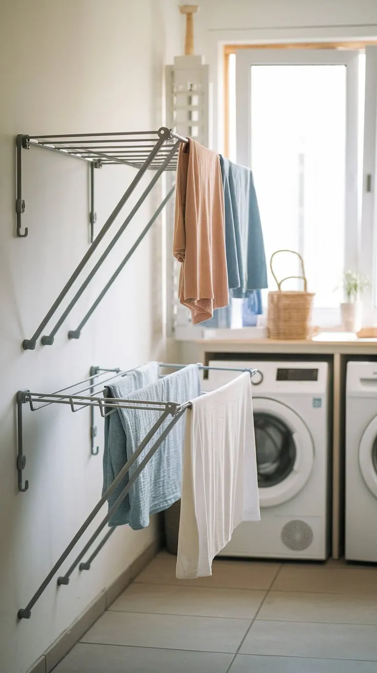 Maximize your laundry room's potential with this ingenious foldable drying rack for laundry.  The clothes drying rack, easily mounted on the wall, provides ample space for drying clothes while keeping your laundry room clutter-free. This indoor drying rack is a practical and stylish laundry room rack, a truly portable and space-saving solution for any home.