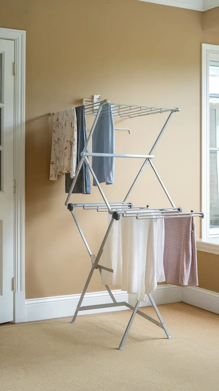 This space-saving laundry drying rack is the ultimate laundry room rack solution.  The portable and foldable design makes it a convenient drying rack for laundry, perfect for apartments or homes with limited space.  This wall-mounted indoor drying rack offers multiple bars for hanging clothes, providing a practical and efficient way to dry your laundry.  Say goodbye to cluttered laundry rooms with this innovative laundry room drying solution.