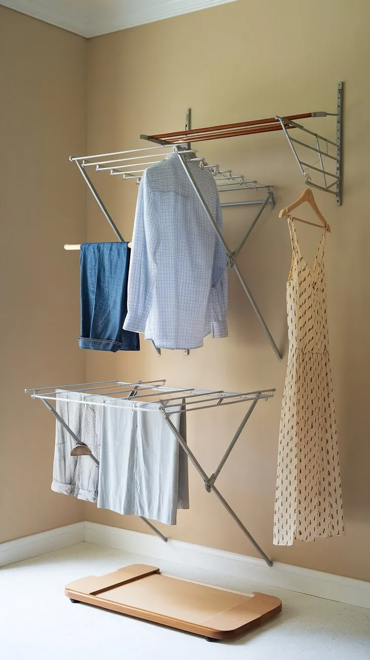 Maximize your laundry room space with this sleek, wall-mounted drying rack.  This foldable, space-saving drying rack is the perfect laundry room drying solution, offering ample space for shirts, pants, and dresses.  A truly portable drying rack, it's easy to fold away when not in use, making it an ideal clothes drying rack and indoor drying rack for even the smallest laundry rooms.