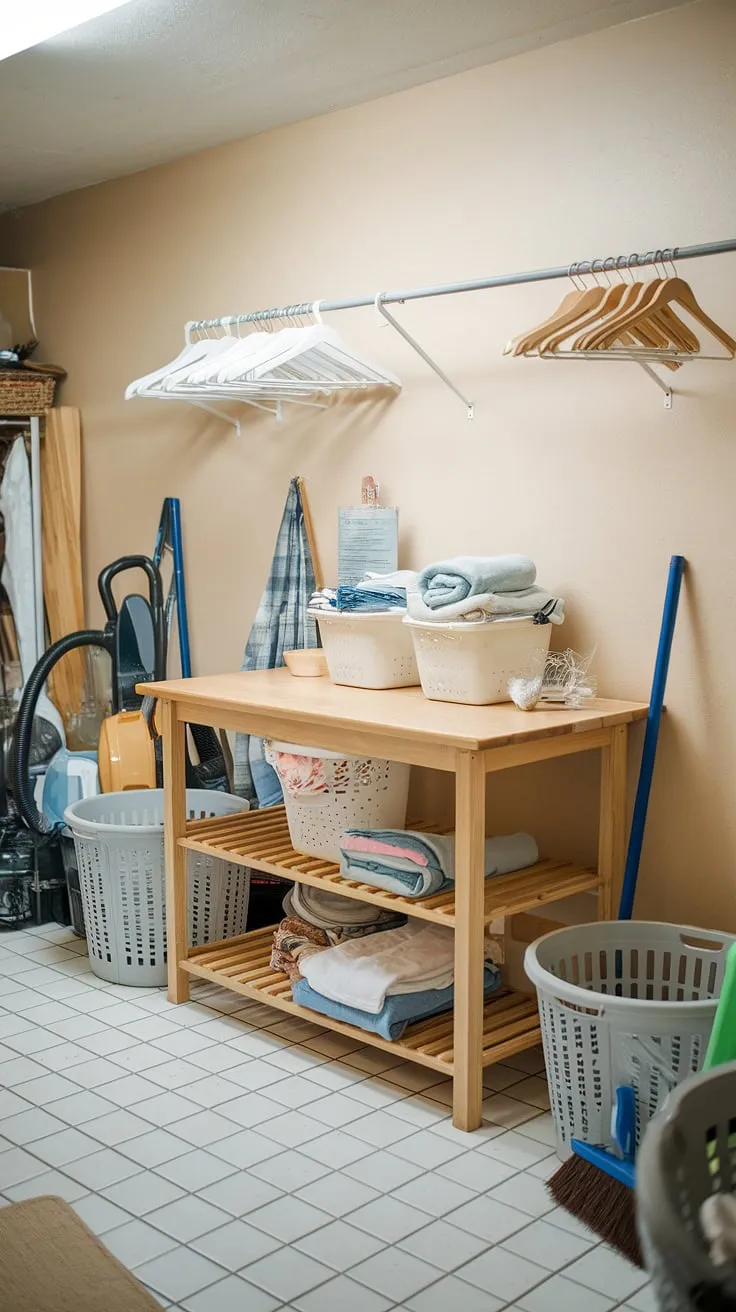 This laundry room setup is a dream!  The dedicated laundry folding table and clothes folding station make laundry day a breeze.  Efficient laundry organization is key, and this laundry workspace with its handy folding station for laundry and ample laundry room furniture proves it.