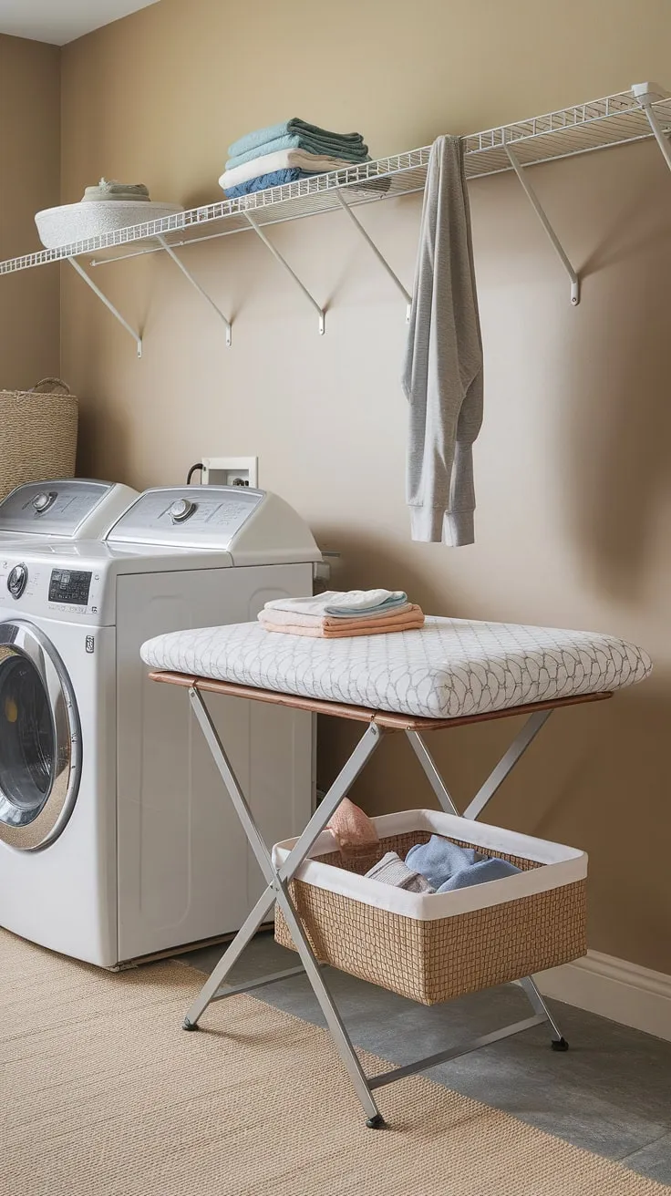This thoughtfully designed laundry room features a dedicated folding station, complete with a comfortable laundry folding table and wall-mounted drying rack.  The laundry folding area maximizes space and promotes efficient laundry organization, transforming this laundry workspace from a chore into a streamlined process.  This laundry room furniture and clothes folding station setup is the ultimate in laundry room setup.