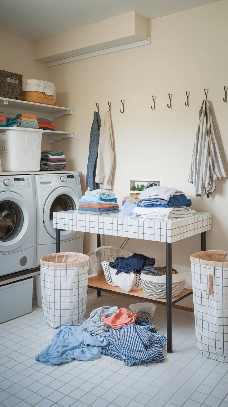 This laundry room folding station is the ultimate in laundry organization. The charming checkered laundry folding table provides a dedicated laundry workspace, making folding clothes a breeze.  Efficient laundry room furniture and a well-designed laundry room setup contribute to a streamlined laundry folding area.