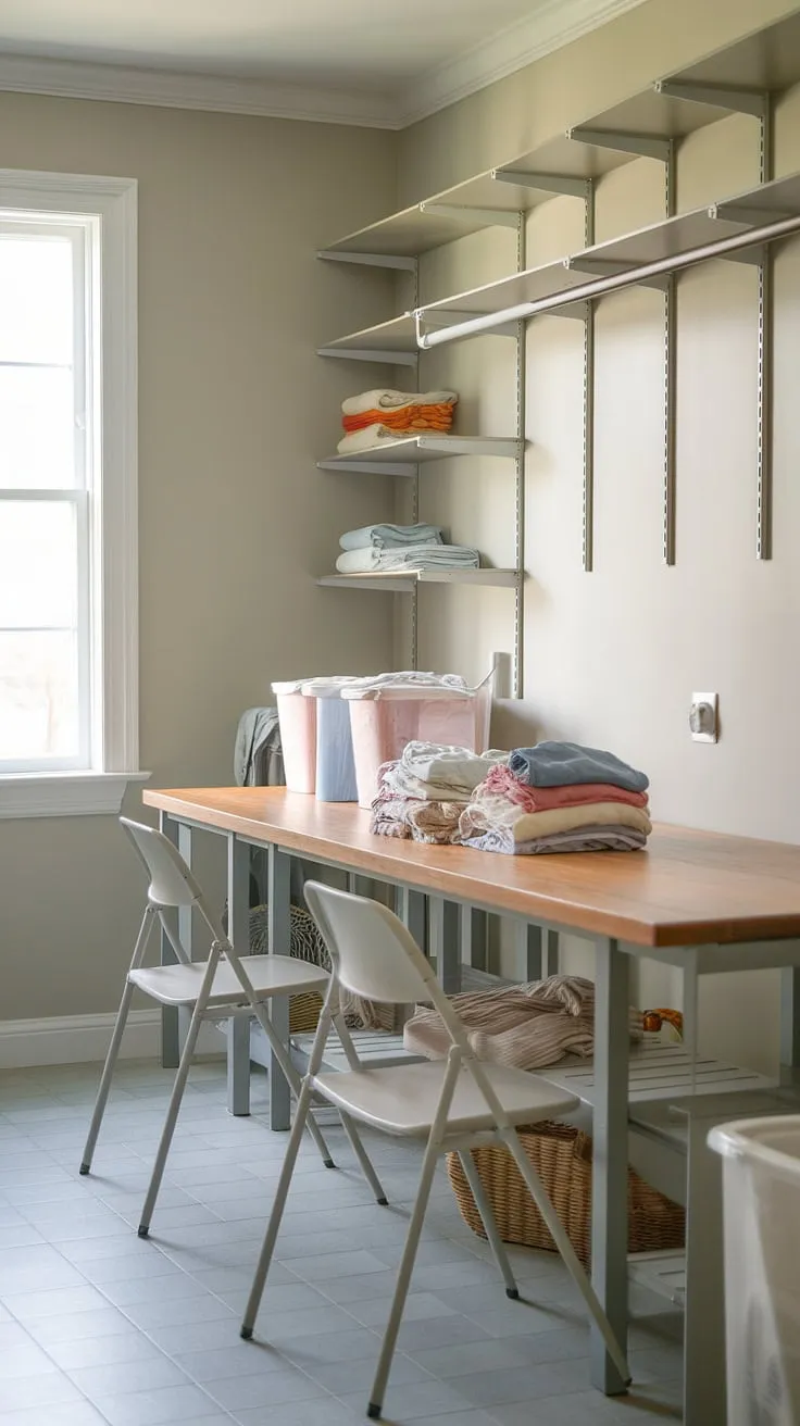 Transform laundry day from a chore to a calm moment with this inviting laundry folding area.  The long laundry folding table provides ample surface for the clothes folding station, while the surrounding laundry room furniture and shelves contribute to excellent laundry organization. This dedicated folding station for laundry is the heart of a well-planned laundry room setup.