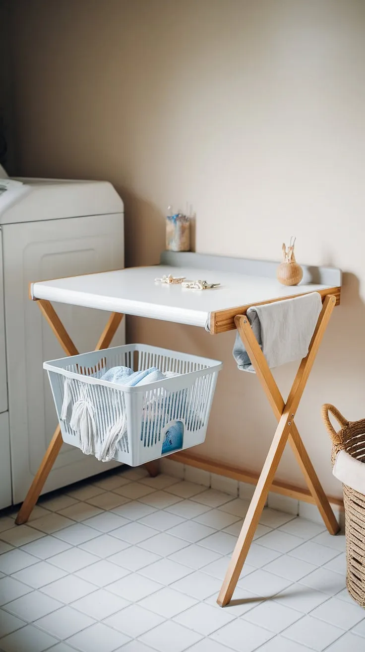 This thoughtfully designed laundry room folding station, complete with a charming laundry folding table and comfortable cushion, transforms laundry organization from a chore into a peaceful task.  The dedicated laundry workspace, featuring a clothes folding station and practical laundry room furniture, makes folding clothes a breeze. This laundry room setup is the epitome of efficient laundry room design.