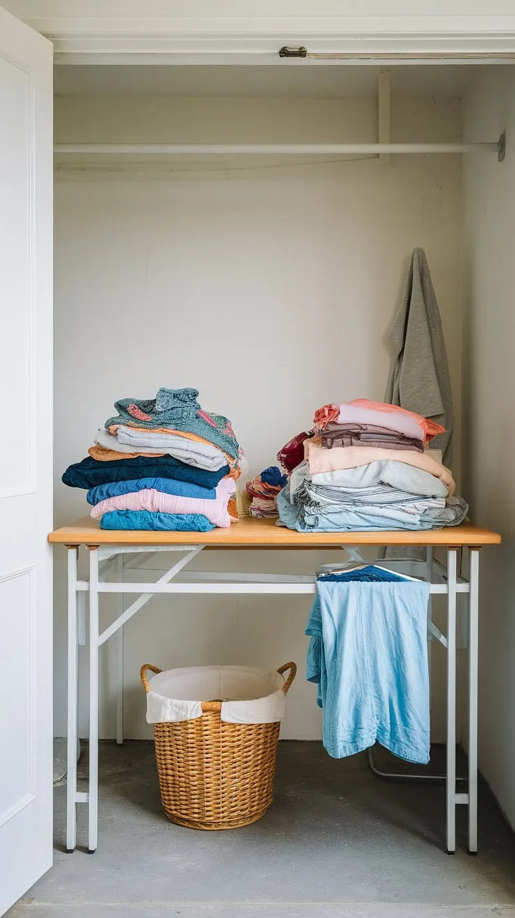 This dedicated laundry folding station, complete with a stylish laundry folding table and ample workspace, transforms laundry day from a chore into an organized process.  The laundry room furniture creates a functional and efficient laundry folding area, perfect for tackling laundry organization.