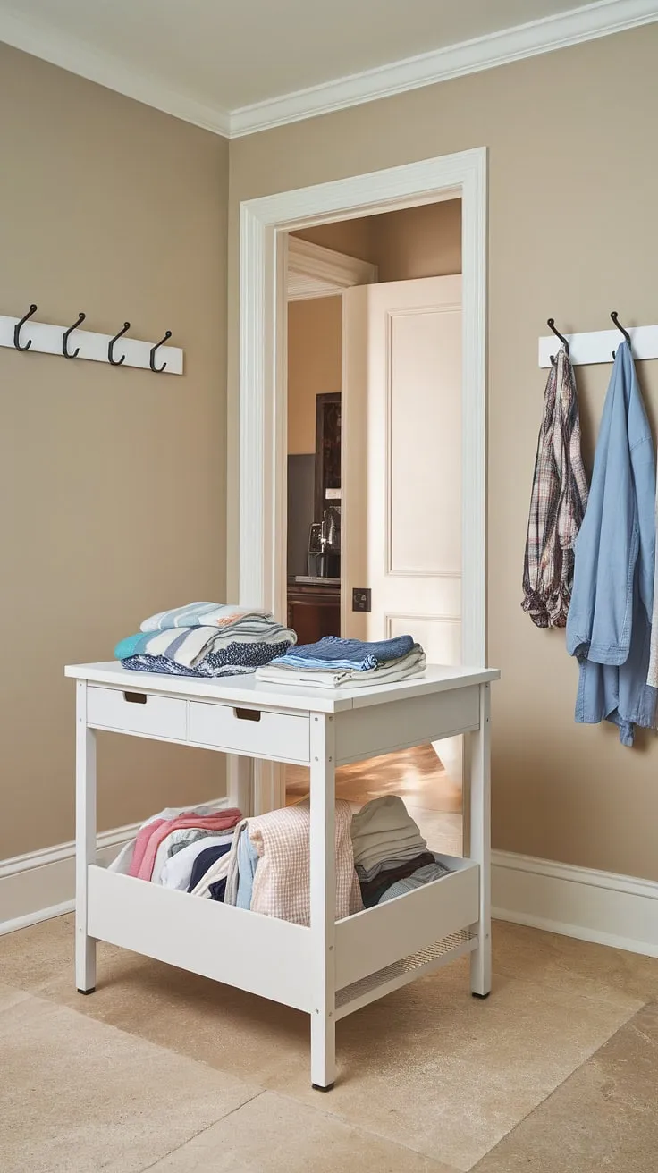 Effortless laundry organization starts here!  This laundry room features a stunning folding station for laundry, centered around a beautiful laundry folding table.  The dedicated laundry folding area and smart laundry room furniture create a functional and stylish laundry workspace.  This clothes folding station is the key to a perfectly organized laundry room setup.