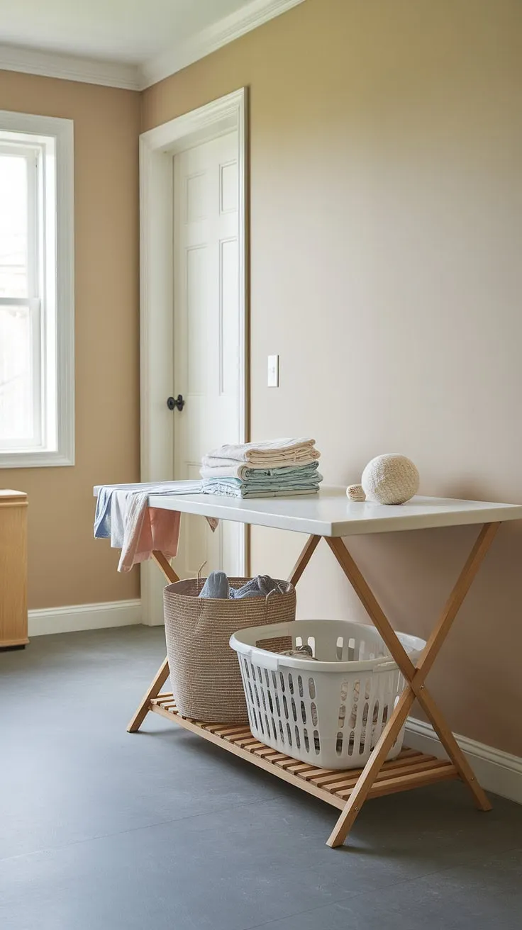 Maximize your laundry room setup with this dedicated folding station for laundry. The laundry folding table provides a convenient clothes folding station, while the overall laundry room furniture and laundry organization solutions make this laundry workspace a dream come true.  This laundry room folding area is the epitome of efficient laundry organization.