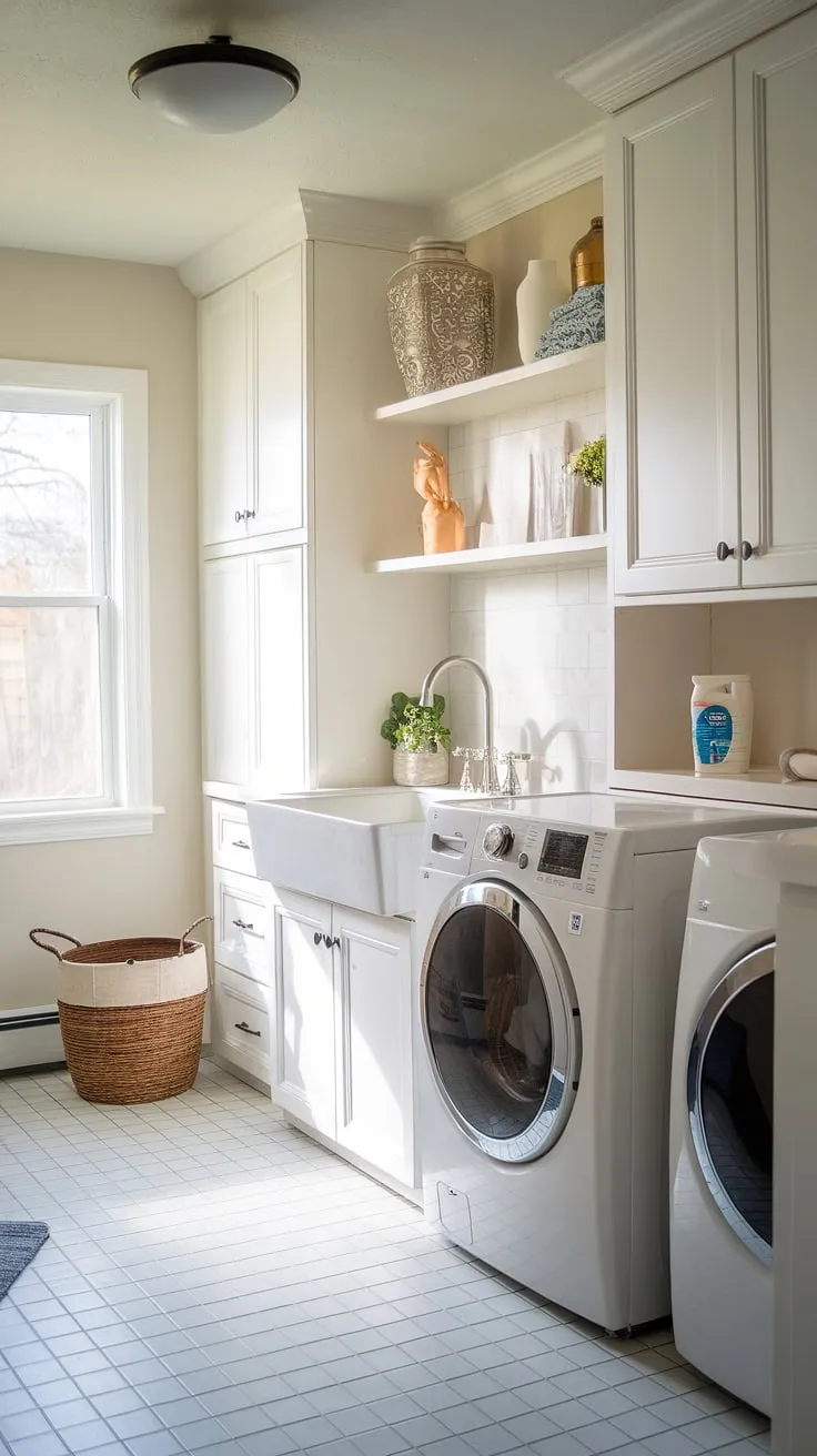 Sunlight streams into this efficient laundry room half bath combo, showcasing a fresh laundry renovation and clever room storage DIY.  The white laundry cabinets and clean lines create a spa-like atmosphere, while the convenient bathroom laundry combo makes chores a breeze.  A touch of laundry powder adds a functional yet stylish detail to this laundry room inspiration.