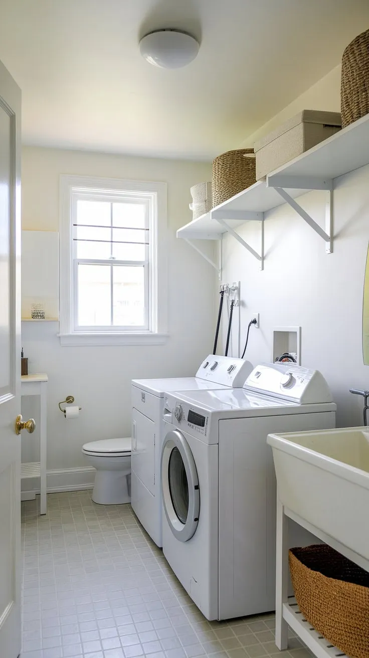 This white laundry room half bath combo is the ultimate laundry room inspiration!  The clever design maximizes space with room storage DIY solutions, proving that a laundry renovation can be both stylish and functional.  From the efficient layout to the ample storage above the washer and dryer, this laundry makeover is a dream come true.  Even finding space for laundry powder is a breeze.