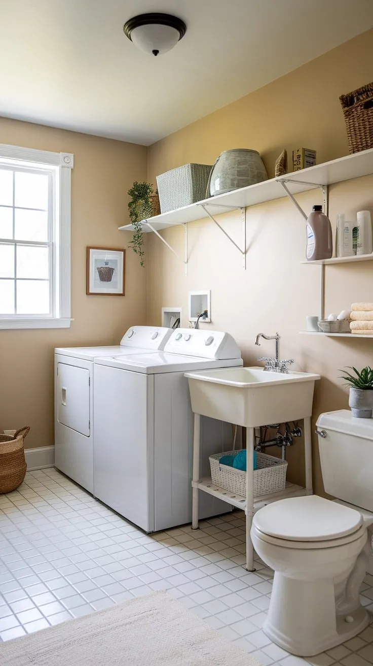 This laundry room half bath combo is the epitome of efficient design.  The white laundry room feels spacious and bright, thanks to smart storage solutions like the shelf above the washer and dryer, perfect for keeping laundry powder and other essentials close at hand.  A successful laundry renovation, this space proves that a bathroom laundry combo can be both functional and stylish, offering laundry room inspiration for even the smallest homes.  The room storage DIY is a testament to maximizing space.
