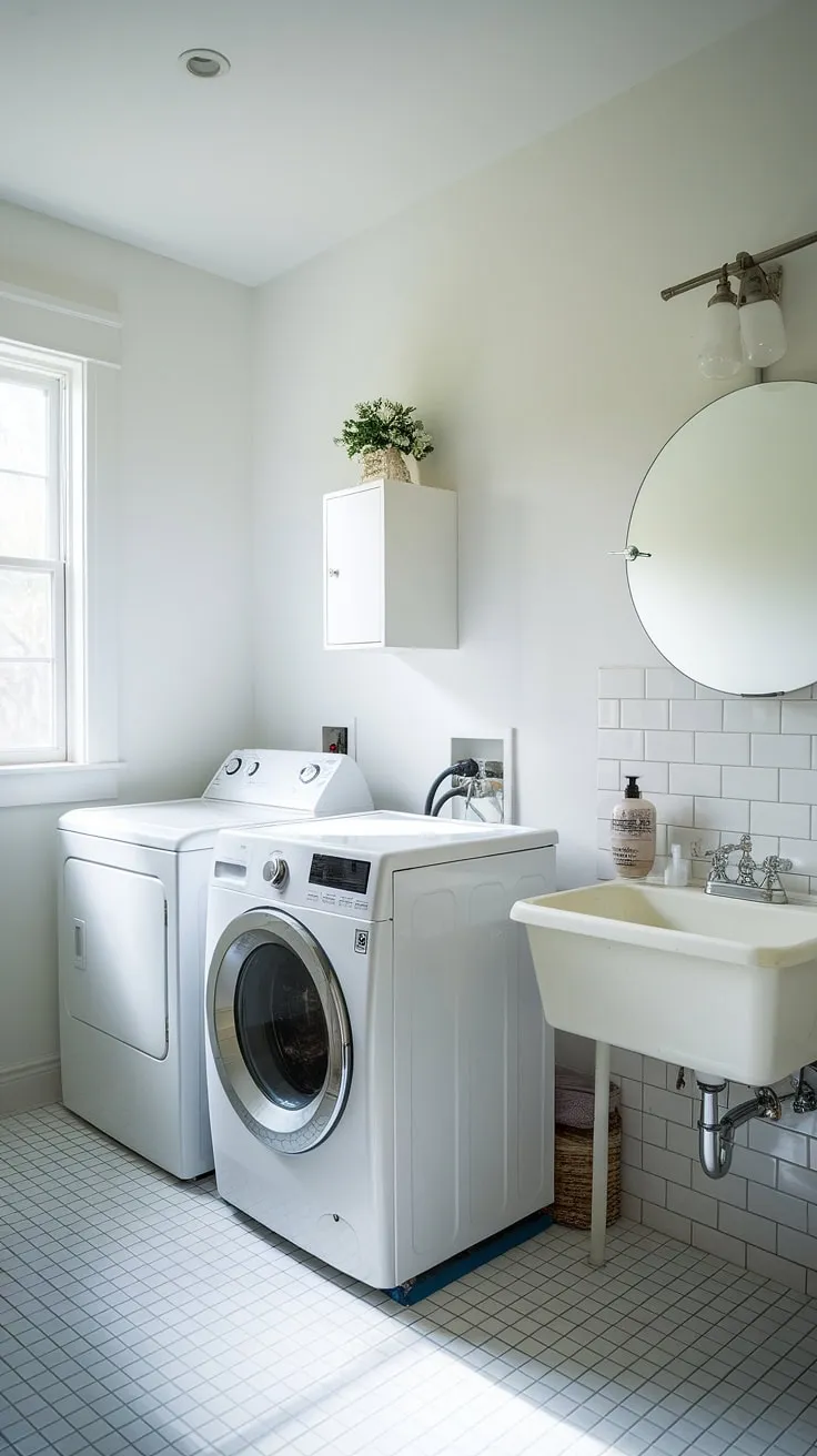 This white laundry room half bath combo is the ultimate laundry room inspiration!  The clever design maximizes space with smart room storage DIY solutions, proving that a laundry renovation can be both stylish and functional.  From the efficient layout to the natural light streaming in, this laundry makeover is a dream come true.  Keeping laundry powder close at hand has never been so chic.