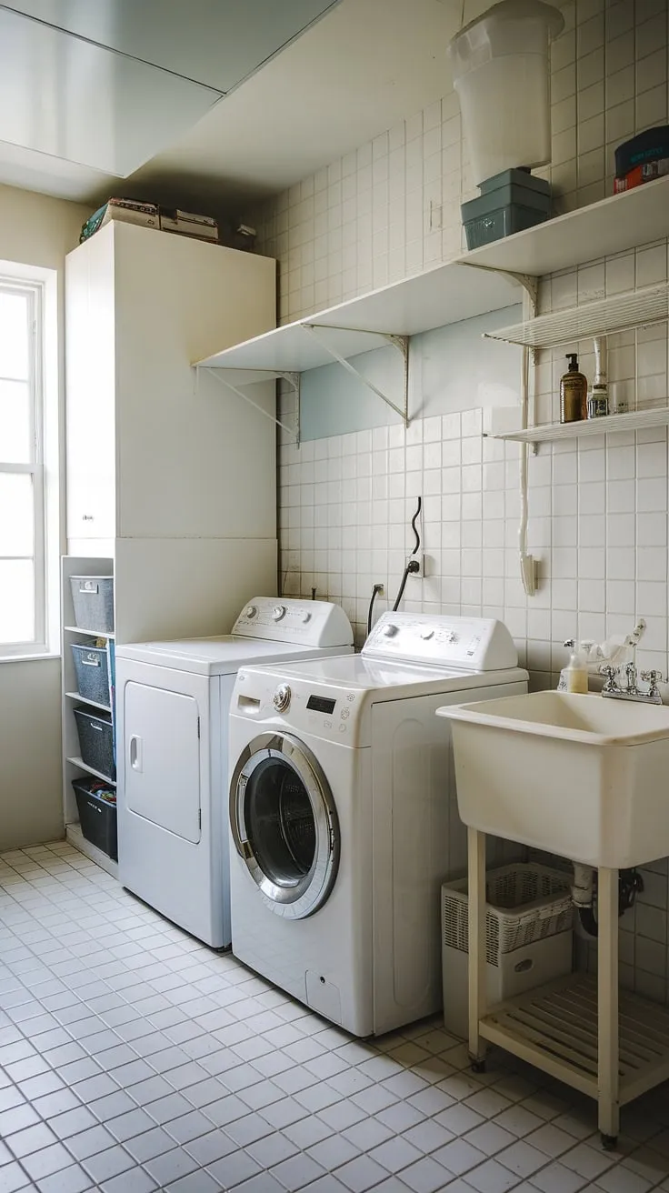 This laundry room half bath combo is the epitome of clean and efficient design.  The white laundry room, complete with clever room storage DIY solutions, maximizes space and provides ample storage for laundry powder and other supplies. This laundry renovation is a dream come true, offering both functionality and style.  A true laundry room inspiration for any homeowner.