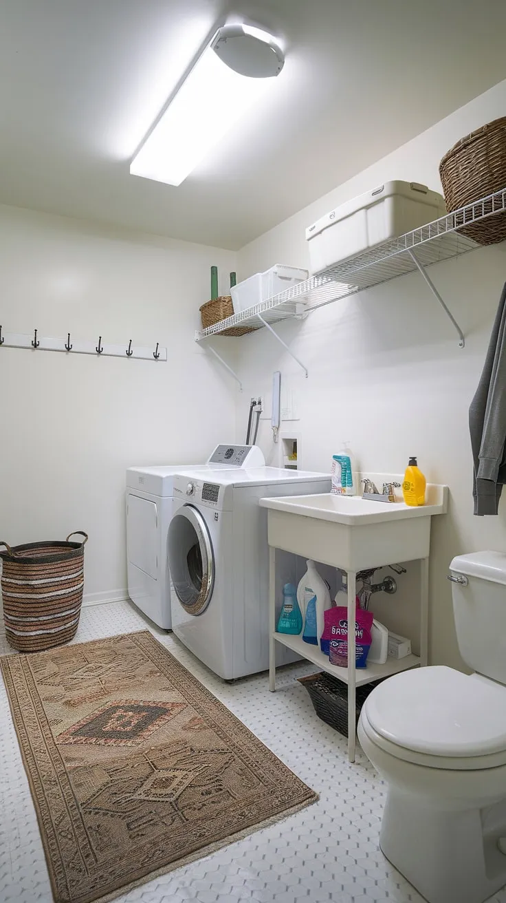 This white laundry room, a brilliant laundry room half bath combo, maximizes space and style.  The laundry renovation resulted in a functional and aesthetically pleasing laundry bathroom combo, complete with clever room storage DIY solutions and ample room for laundry powder.  It's the ultimate laundry room inspiration for a laundry makeover.