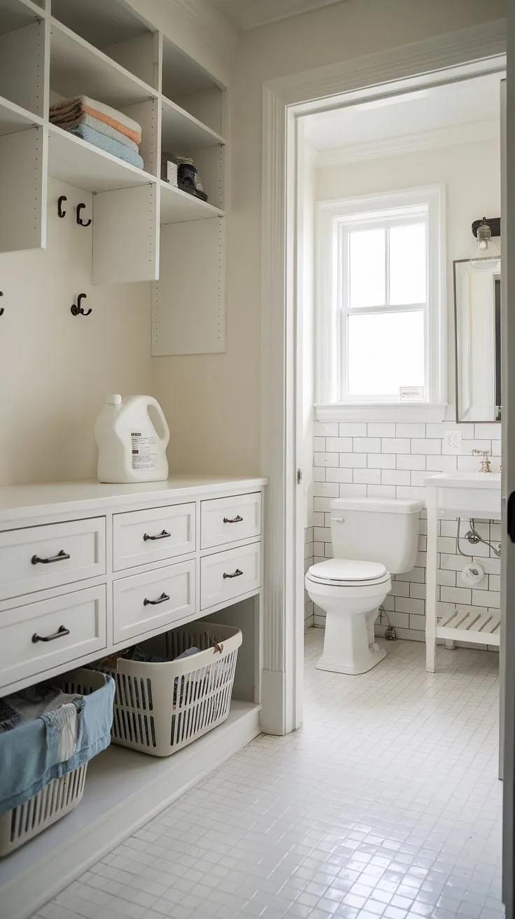 A stunning laundry bathroom combo achieved through clever design and a fresh white laundry aesthetic. This laundry room inspiration demonstrates how a laundry makeover can maximize space and style.  The white laundry room features smart storage solutions, including a cabinet perfect for laundry powder and other essentials.  This bathroom laundry combo is a testament to the power of a well-planned laundry renovation, offering both practicality and a touch of elegance.