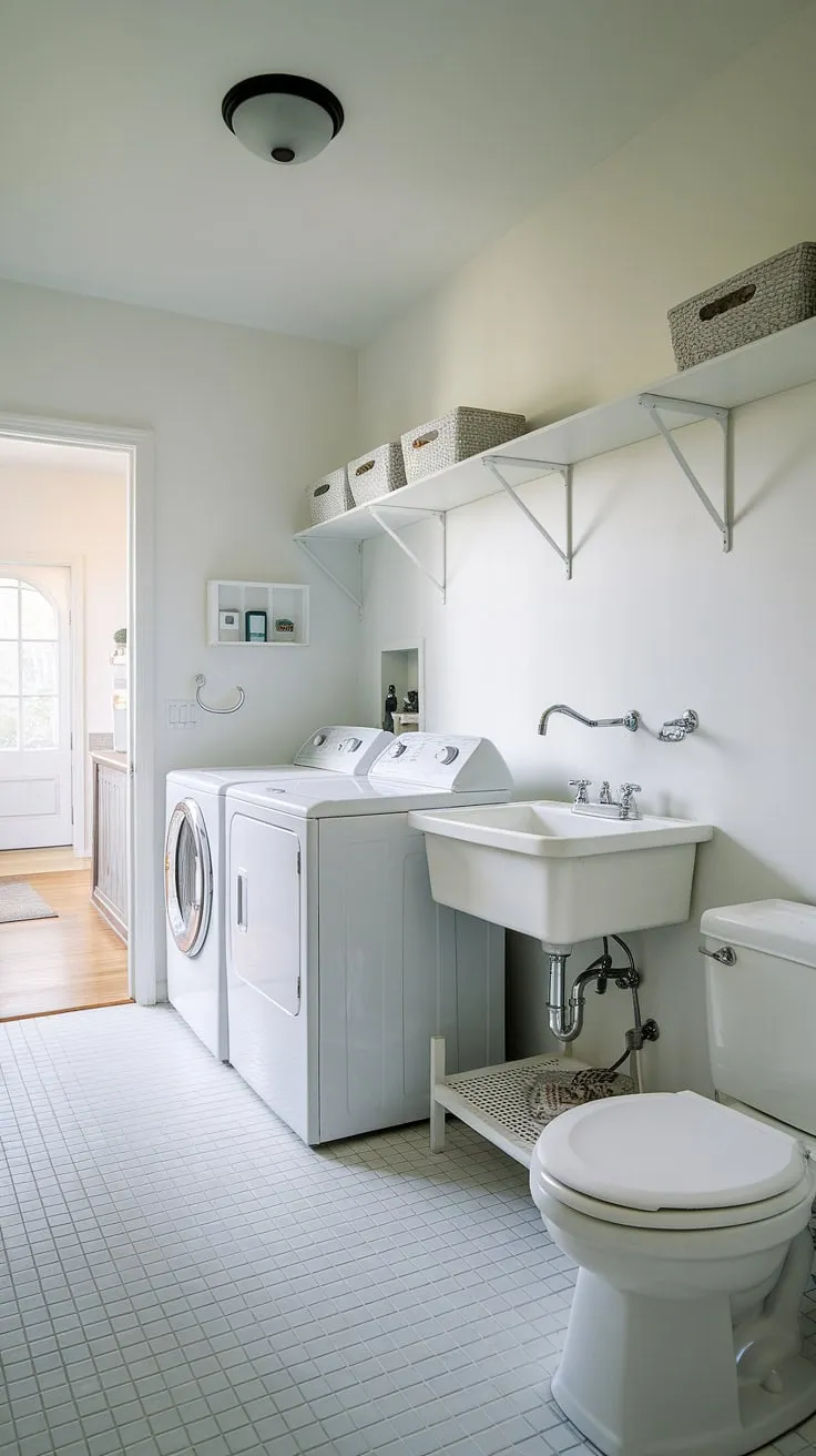Maximize your space with this stunning laundry room half bath combo.  The white laundry room design feels bright and airy, while the integrated bathroom laundry combo offers unparalleled convenience.  This laundry renovation is a masterclass in efficient design, showcasing smart room storage DIY and proving that even a small area can be a haven of cleanliness.  Find your laundry room inspiration here – a perfect example of a white laundry room done right.
