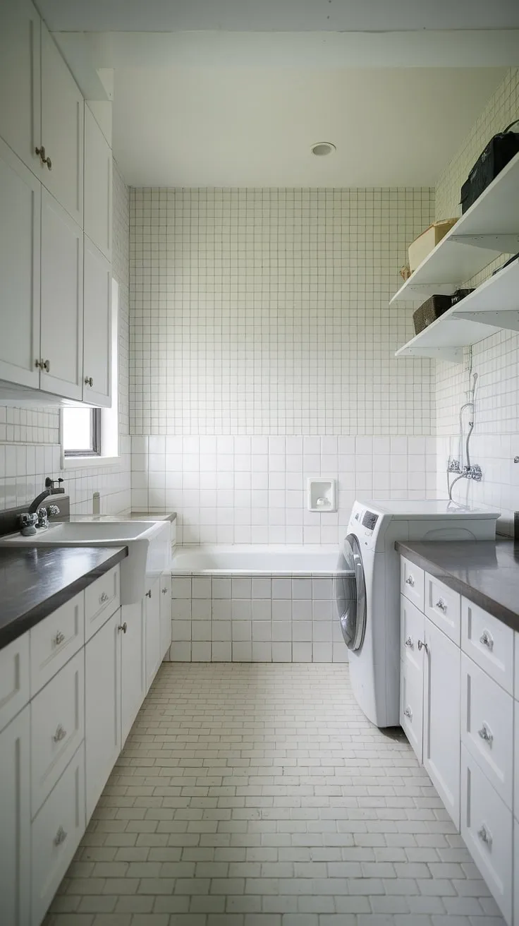 Maximize your space with this stunning bathroom laundry combo.  The white laundry room design is both practical and stylish, offering a clean and efficient laundry bathroom combo.  Clever storage solutions and a thoughtful layout make this laundry room inspiration a dream come true. This laundry makeover is a testament to the power of smart design and a perfect example of a successful laundry renovation.