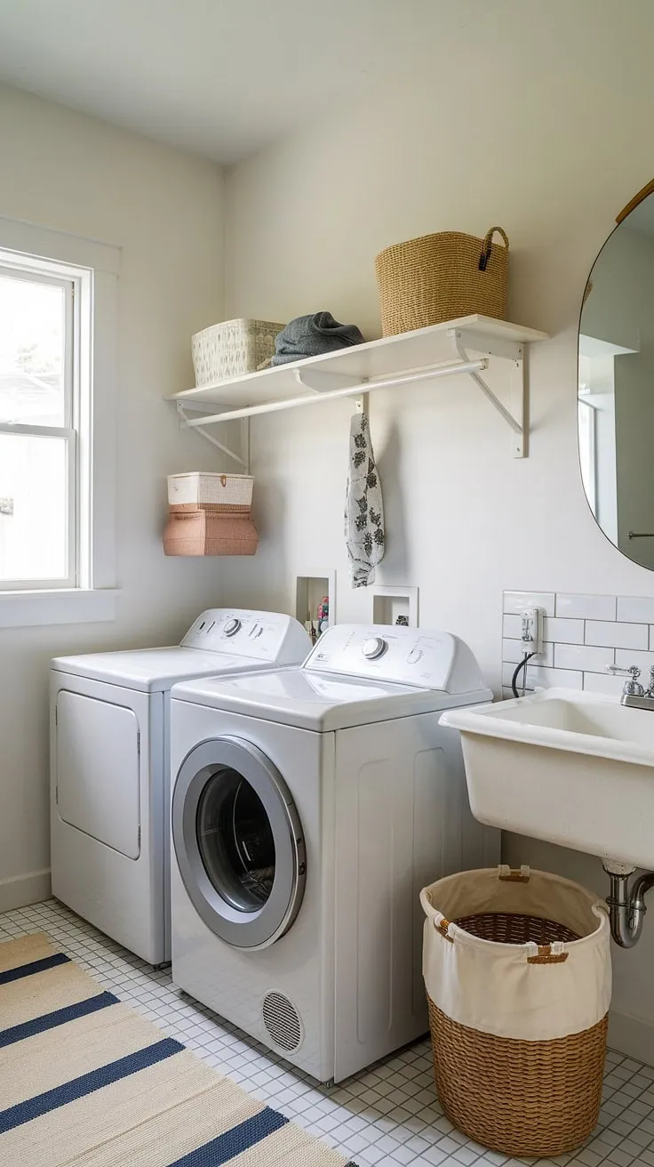 This white laundry room half bath combo is the ultimate laundry room inspiration!  The clever design maximizes space with smart room storage DIY solutions, proving that a laundry renovation can be both stylish and functional.  From the convenient countertop to the added sink, this laundry bathroom combo is a dream come true.  Even laundry powder storage is thoughtfully considered.