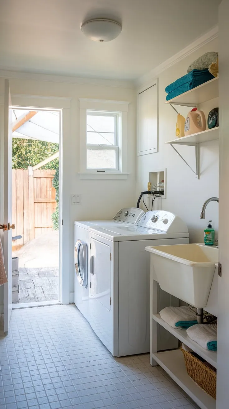 This white laundry room half-bath combo is the ultimate laundry room inspiration!  The clever design maximizes space with ample storage, showcasing a seamless laundry renovation and a brilliant laundry makeover.  Notice the convenient placement of laundry powder and the charming window adding natural light. This bathroom laundry combo, or laundry bathroom combo, proves that functionality and style can coexist beautifully.  Room storage DIY ideas abound in this space.