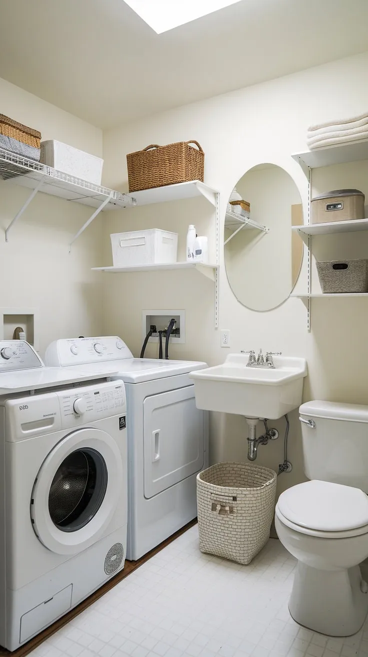 Transforming a small space into a stylish and efficient laundry bathroom combo. This white laundry room makeover boasts ample storage, a convenient sink, and proves that a laundry room half bath combo can be both practical and beautiful.  Get inspired for your own laundry renovation and learn how to incorporate smart room storage DIY solutions.