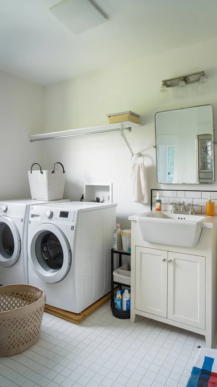 This white laundry room half bath combo is the ultimate space-saving solution!  The laundry renovation resulted in a bright, functional area, perfect for laundry room inspiration. Clever room storage DIY maximizes every inch, keeping laundry powder and cleaning supplies neatly tucked away.