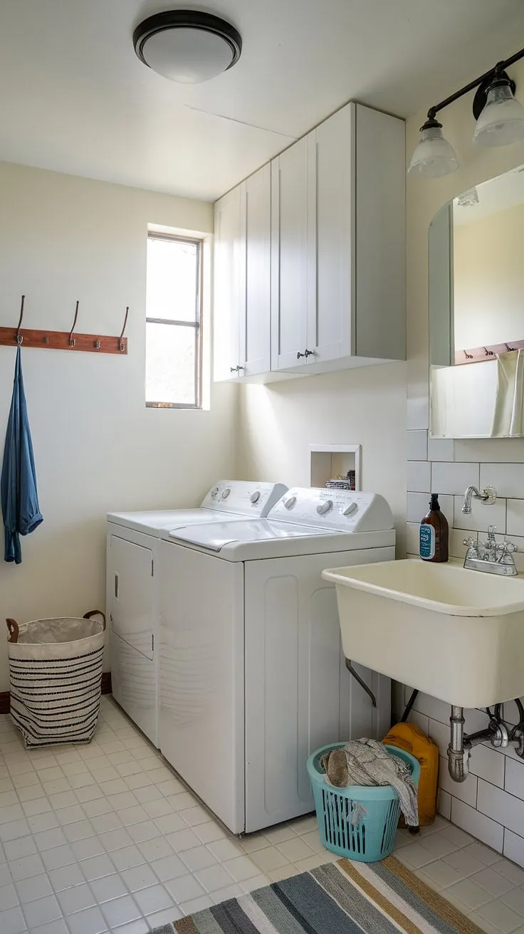 Laundry room inspiration at its finest! This white laundry room boasts a seamless laundry bathroom combo, offering both convenience and a surprisingly spacious feel.  The thoughtful design, including the small window and strategically placed hooks, showcases smart room storage DIY ideas.  A recent laundry renovation, this bathroom laundry combo is a testament to the power of a well-planned space.  The white laundry aesthetic is perfectly complemented by the readily available laundry powder.