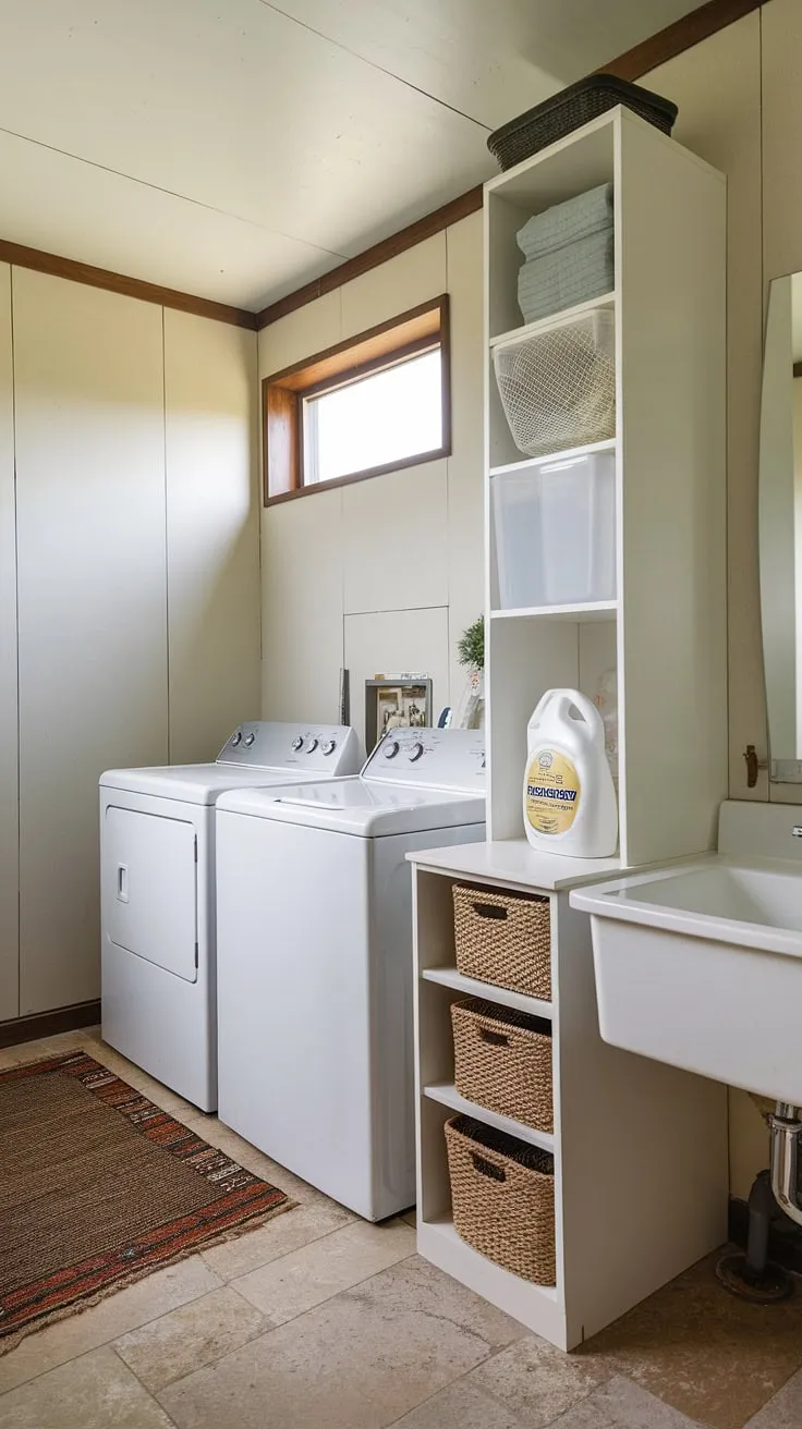 Laundry makeover complete! This bathroom laundry combo boasts a white laundry room aesthetic that's both practical and pretty.  Clever room storage DIY maximizes space in this laundry bathroom combo.  The small window and beige tile flooring add warmth to this bright and airy laundry room inspiration.  A perfect example of a laundry renovation done right, with even the laundry powder perfectly placed.