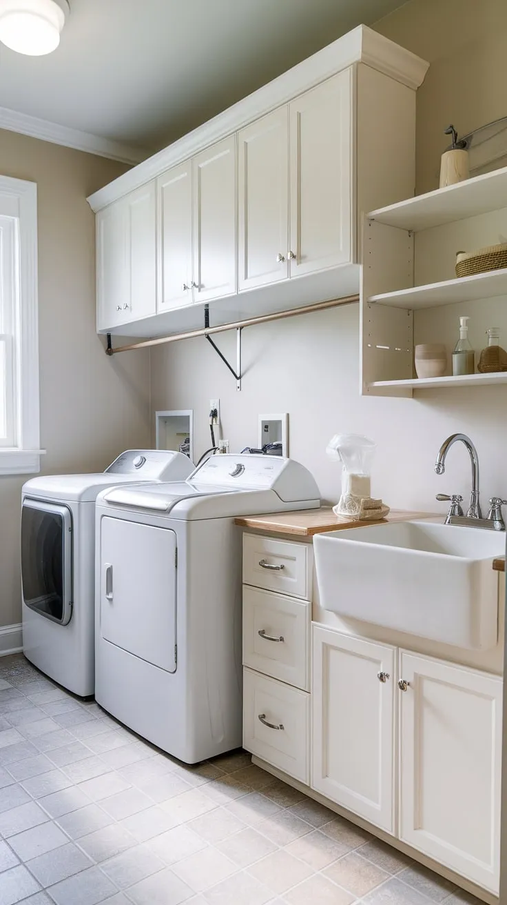 Dreamy white laundry room and half bath combo!  This laundry bathroom combo is a testament to thoughtful planning and design.  The bright, airy space feels surprisingly spacious, thanks to clever room storage DIY solutions.  From the pristine white cabinets to the efficient layout, this laundry room inspiration is pure perfection.  The perfect blend of form and function, this laundry makeover is a must-see for anyone planning a laundry renovation.